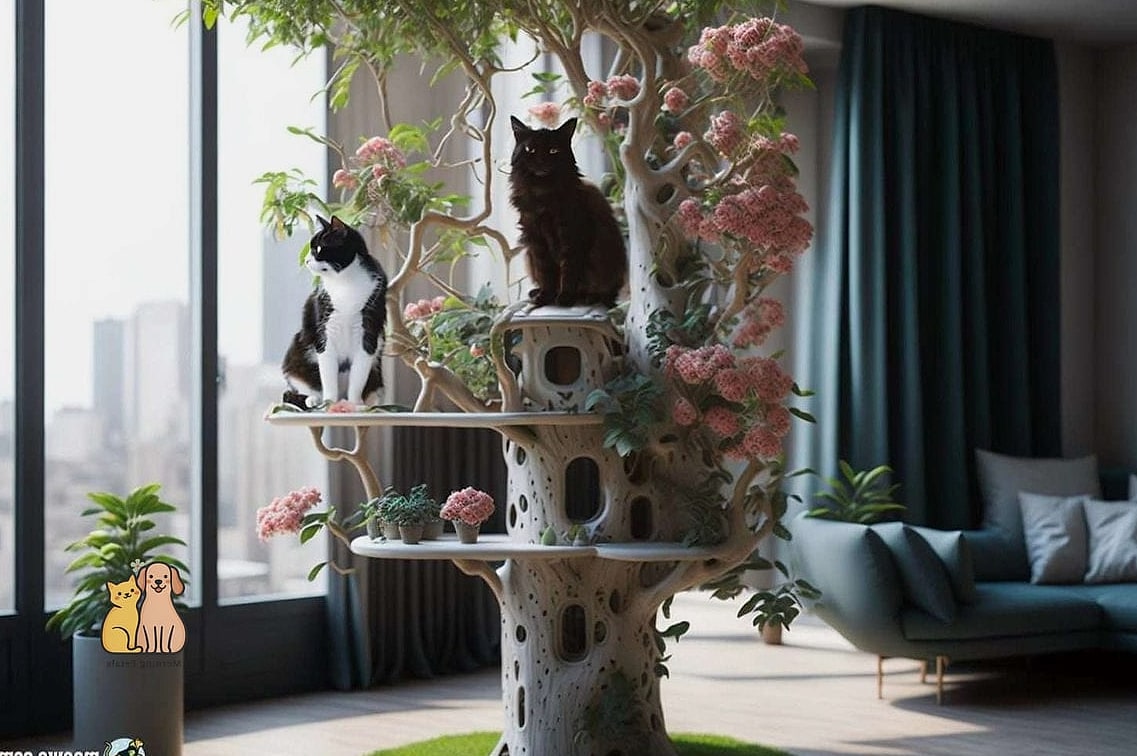 Blush Pink Cat Tree With Natural Wood Accents