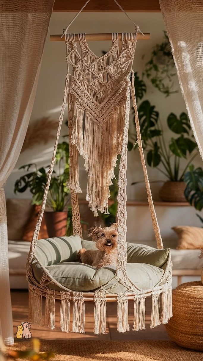 20 Stunning Dog Room Decor Guaranteed to Make You Smile 3 The Boho Macrame Dog Bed Swing