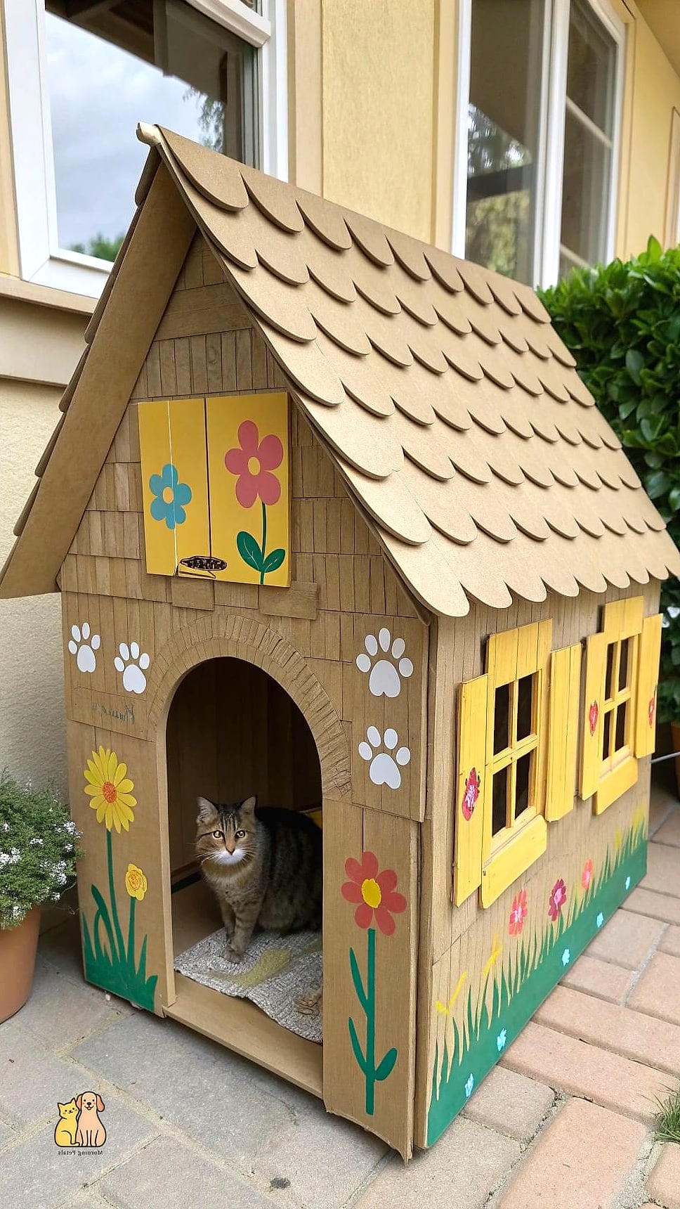 A Cardboard House With a Balcony Perch
