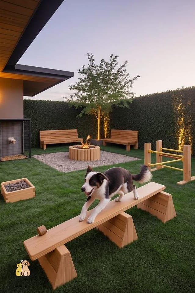 23 Precious Dog Yard Landscaping That Will Restore Your Faith in the World 12 A Cozy Fire Pit Seating Area