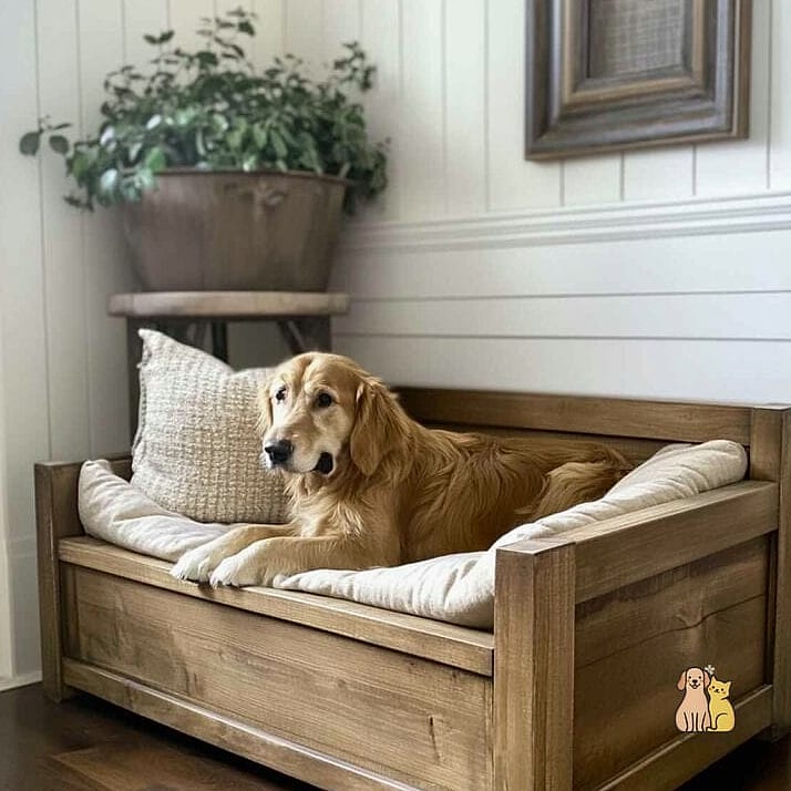 4. Farmhouse Bed With a Rustic Dog Bed Attachment