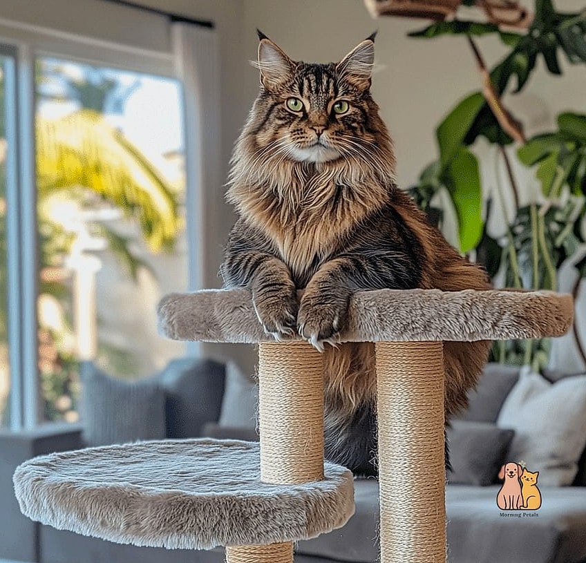 A Maine Coon Perched on Top of a Cat Tree