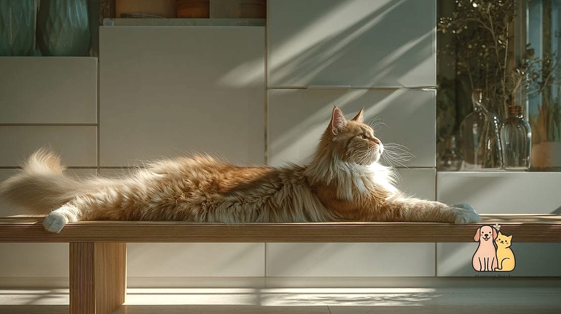 A Maine Coon Lounging in a Sunny Window Perch