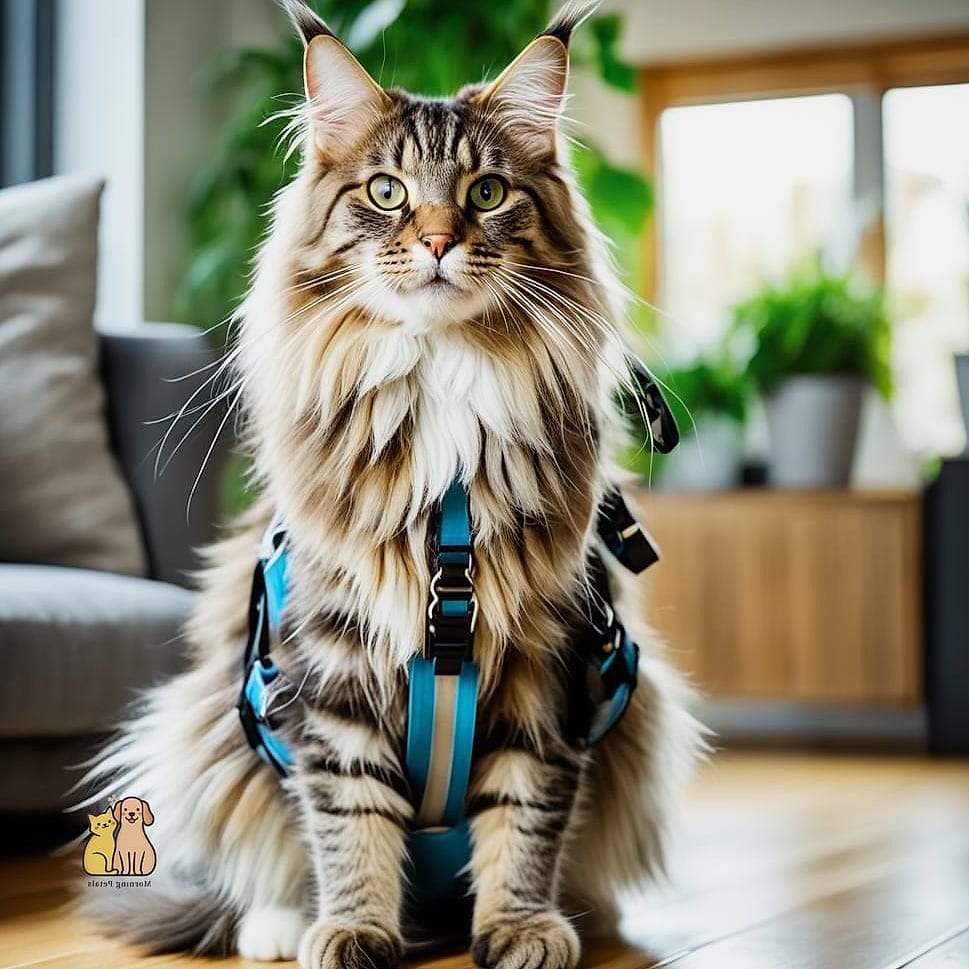 A Maine Coon Walking on a Harness and Leash Outdoors
