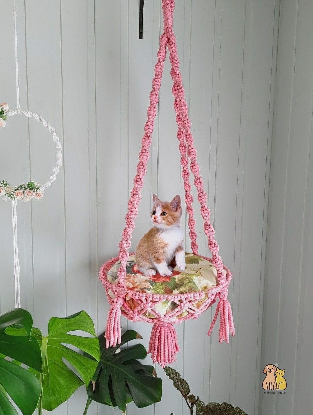 Pink Macrame Hanging Cat Bed