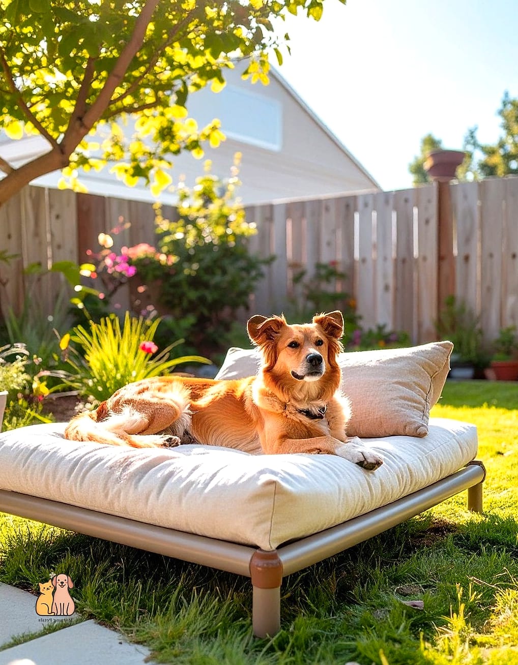 A Raised Dog Bed Under a Shade Tree