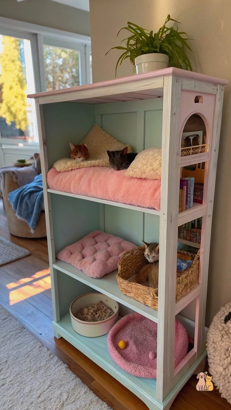 Repurposed Bookshelf Catio Corner