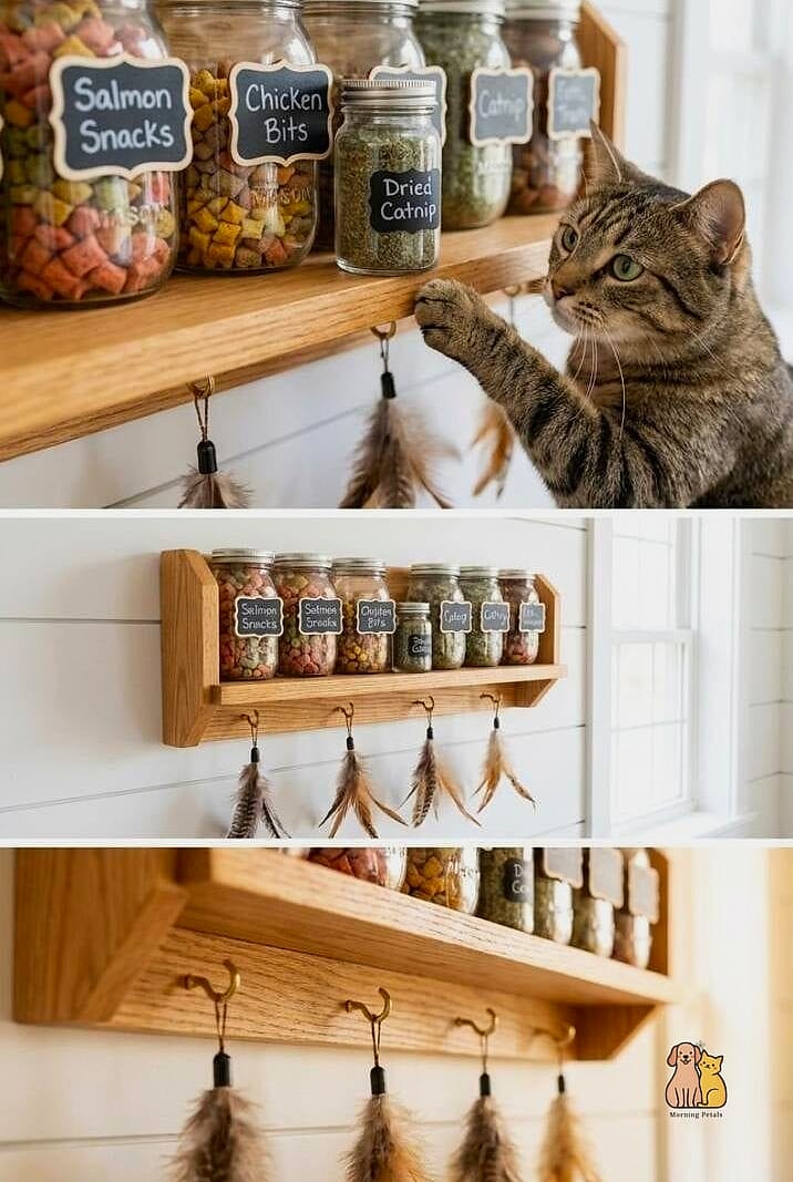 45 Budget-friendly Cat Eating Station Ideas Worth Pinning Immediately 43 The Repurposed Spice Rack Shelf