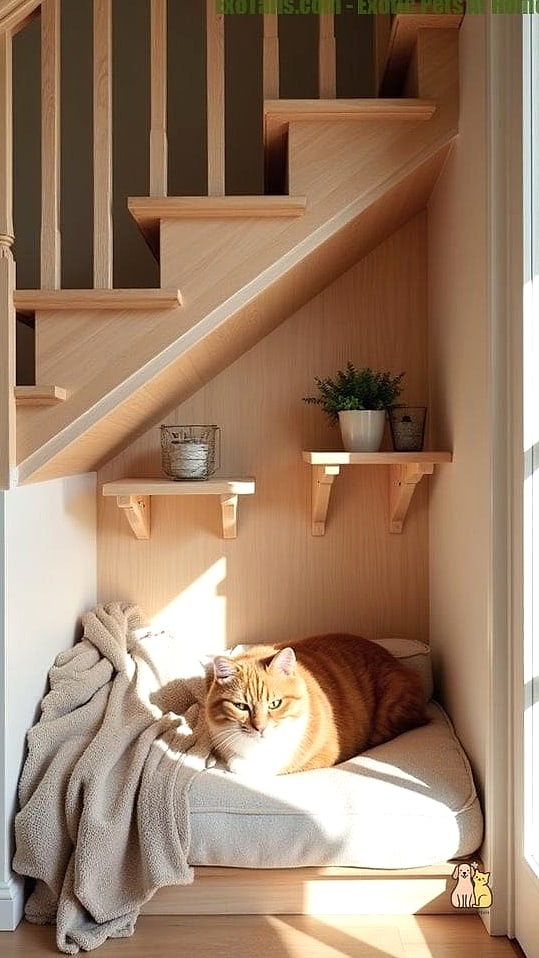 50 Budget-friendly Cat Food Station Ideas Your Pet Will Beg For More 7 The Under-Stairs Nook