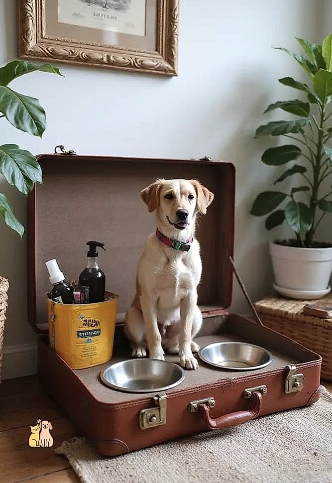 Vintage Suitcase Dog Feeding Station
